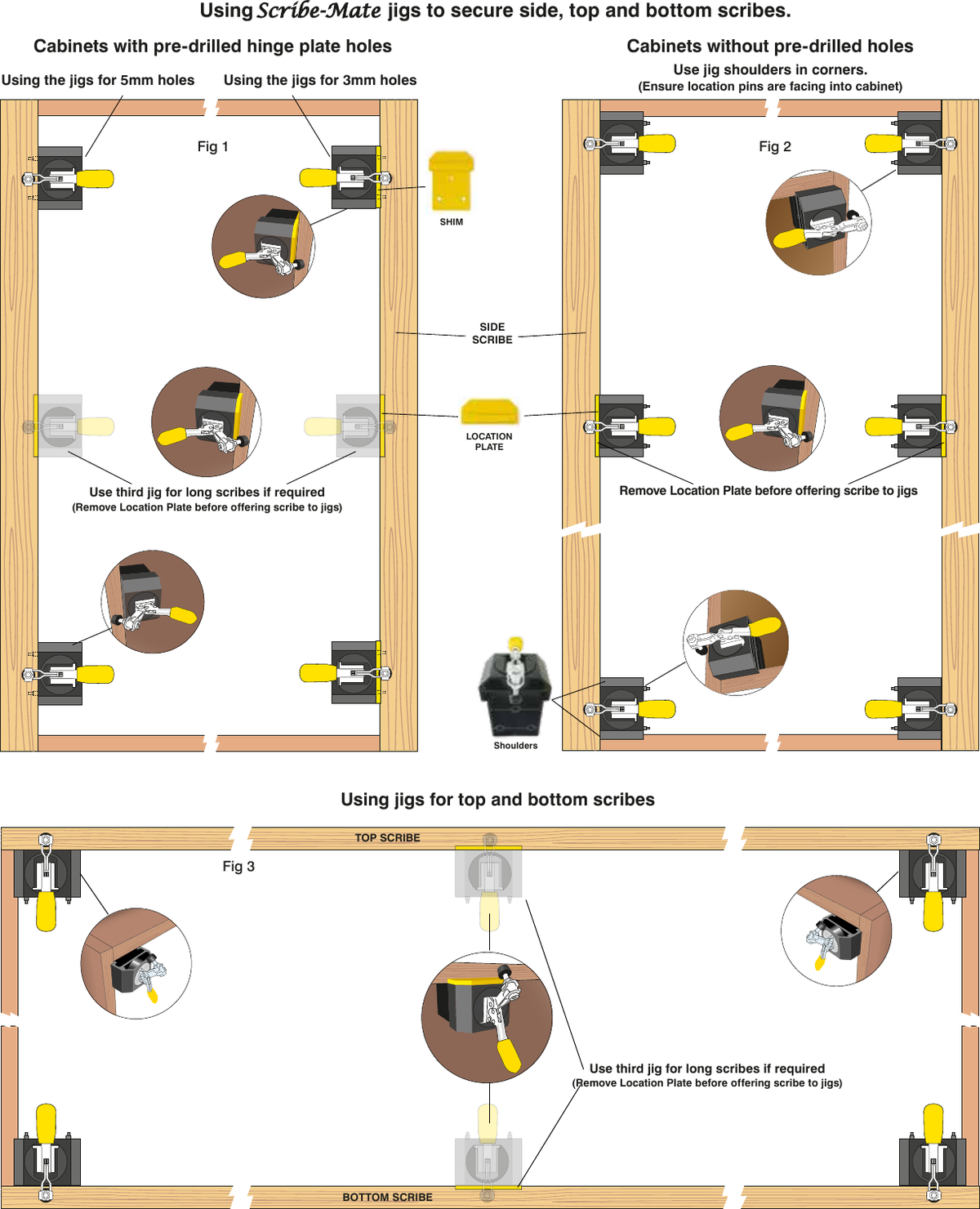 Scribe-Mate jig positions for side, top and bottom scribes enlarged
